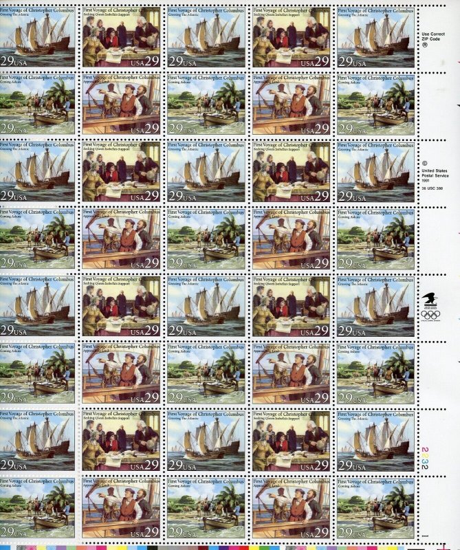 UNITED STATES SCOTT #2620/23 COLUMBUS COMPLETE SHEET MINT NH