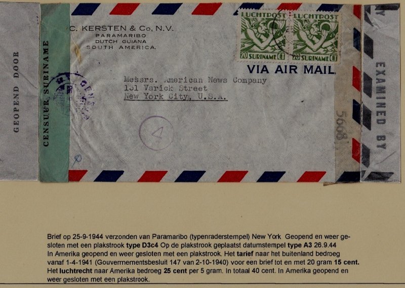 Suriname/USA censored cover 25.9.44