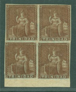 SG 7 Trinidad 1853. 1d brownish-red. A very fine mint block of 4. 1 stamp...