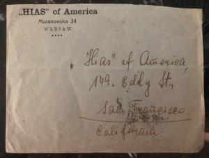 1927 Warsaw Poland Cover to HIAS San Francisco Ca USA Judaica Item