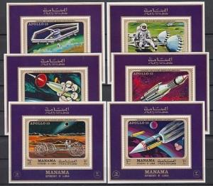 Manama, Mi cat. 291-296 C. Apollo 13 & Future Exploration issue as s/sheets.