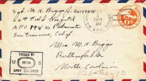 1944, APO 198, 24th Field Hospital, Papua/New Guinea Censored (M618)