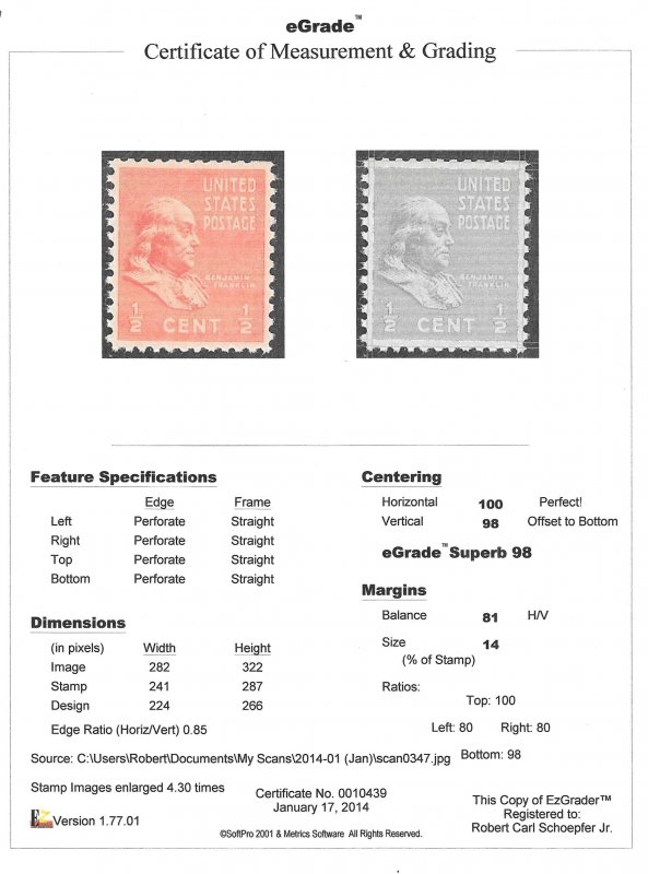 803 1/2 cent Franklin Stamp mint OG NH EGRADED SUPERB 98 XXF