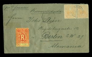 COLOMBIA 1886 Pr.Nunez 10c org Sc# 131b x2 +R6 Registration stamp cvr to GERMANY