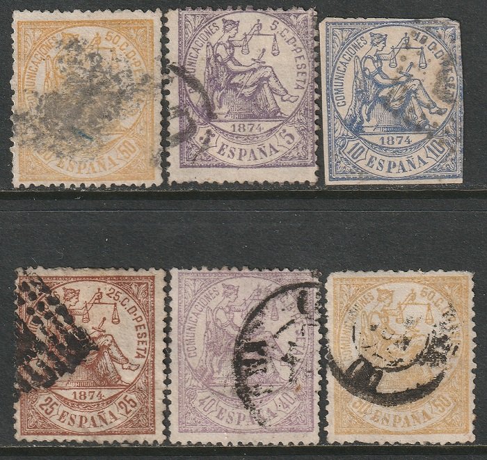 Spain 1874 Sc 201-3,205-7 partial set used