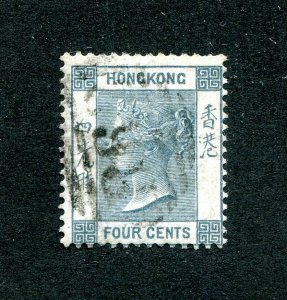 x541 - HONG KONG 1863-80 Sc# 10b QV 4c Bluish Slate. Fine Used. Value $25