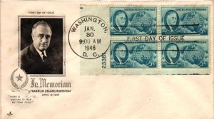 #933 Franklin D. Roosevelt FDR Plt Block – Artcraft Cachet EV22