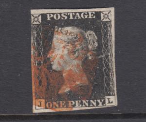 Great Britain Sc 1 used. 1840 Penny Black, corner letters J-L, sound, F-VF