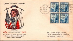 SCHALLSTAMPS UNITED STATES 1933 CACHET FDC COVER BLOCK GRAL KOSCIUSKO CANC ILL