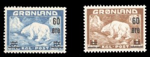 Greenland #39-40 Cat$76, 1956 Surcharges, set of two, never hinged