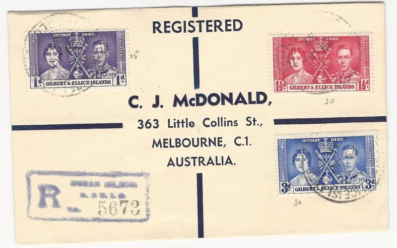 Gilbert and Ellice, Scott #37-39, Used on Registered Cover, Sent to Australia