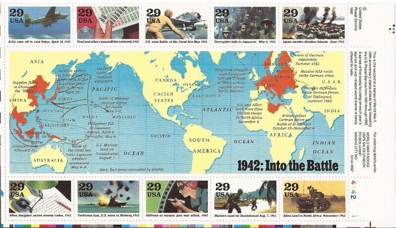 US Stamp 1992 29c 1942 World War II Into the Battle - 10 Stamp Block #2697