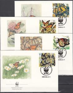 Mexico, Scott cat. 1559-1562. Butterflies-W.W.F. issue on 4 First day covers. ^