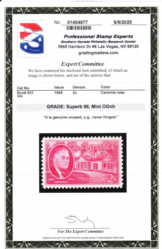 MOstamps - US #931 Mint OG NH Graded 98 with PSE Cert - Lot # MO-5941 SMQ $120