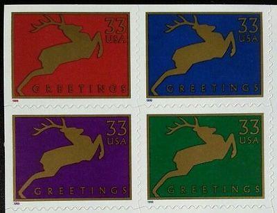 1999 33c Christmas Greetings, Deer, Block of 4 Scott 33