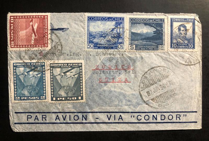 1936 Los Andes Chile Airmail Cover to Zurich Switzerland Via condor b