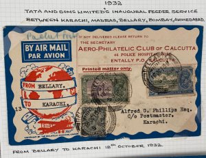 1932 Bellary India First Flight Airmail Cover FFC to Karachi TATA Airways