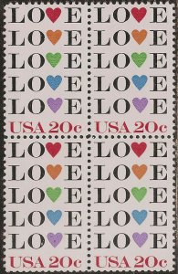 1984 Love Block of 4 20c Postage Stamps, Sc# 2072, MNH, OG