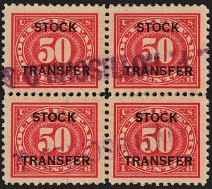 RD9 50¢ Stock Transfer Stamp Block of Four (1918) Used