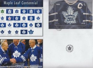 CANADA # 3042.04 TORONTO MAPLE LEAFS 100TH ANNIVERSARY FIRST DAY COVER of $5 S/S