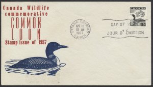 1957 Canada FDC #369 5c Loon Wildlife Sanders Cachet Ottawa