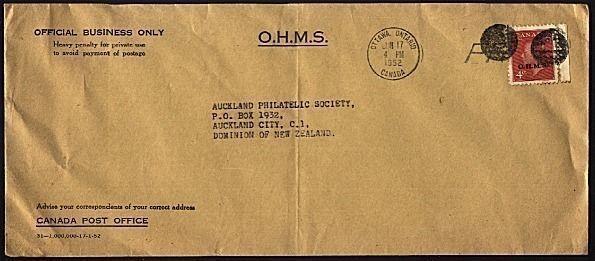 CANADA 1952 4c OHMS on cover to New Zealand, Mute Cancels etc..............99104