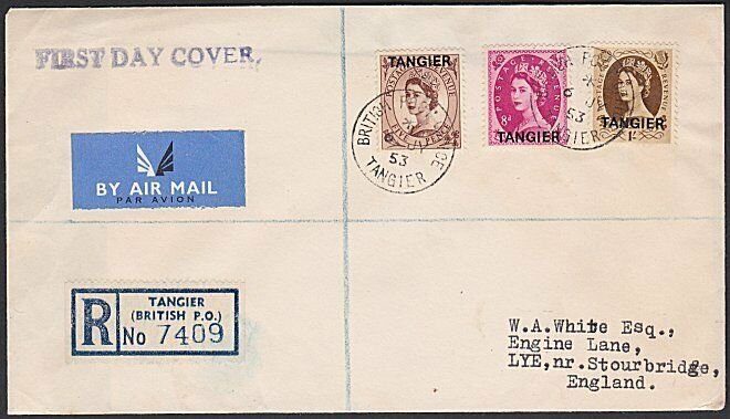 MOROCCO AGENCIES 1953 Tangier opts - 3 values on registered FDC.............H902