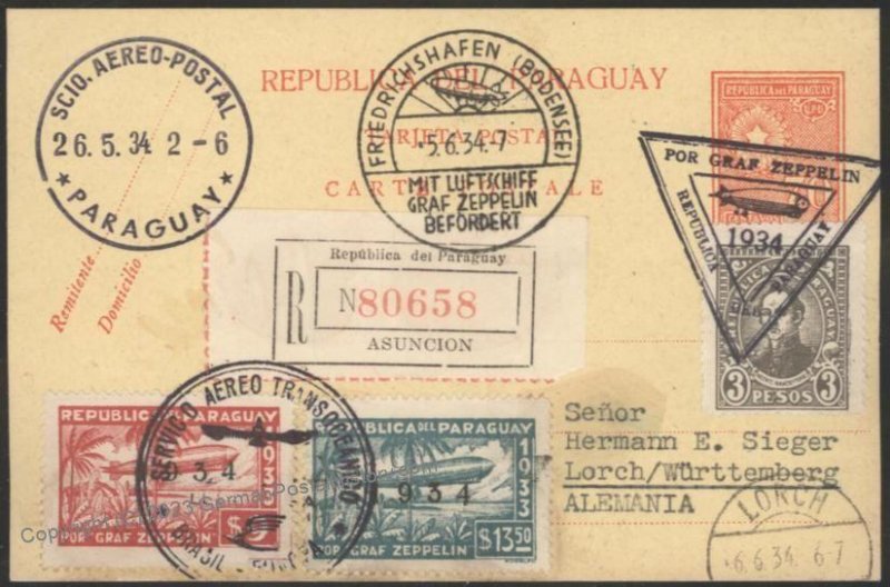 Paraguay 1934 Graf Zeppelin 1st SAF Mi368B Registered Germany  Cover 111099