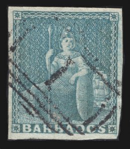 MOMEN: BARBADOS SG #2 1852 IMPERF BLUED PAPER USED VF+ £325 LOT #66934*