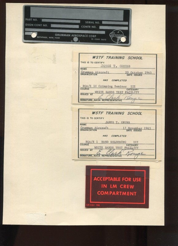 LOT OF GRUMMAN AEROSPACE ITEMS WSTF TRAINING CERTS, LUNAR CONTACT BUTTON & MORE