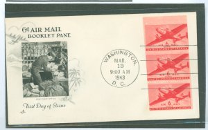 US C25a 1943 6c airmail booklet pane, transport series, miscut pane of 3 on unaddressed fdc wtih an artcraft cachet