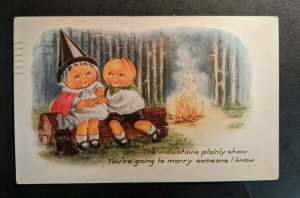 1919 Pumpkin Couple by Fire Embossed Illustrated Postcard Cover MD