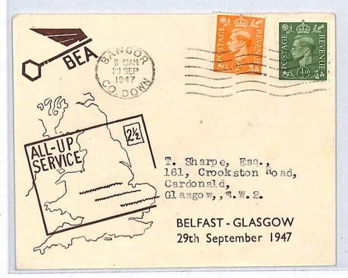GB NORTHERN IRELAND KGVI Cover *BEA* ALL-UP Air Bangor (Down) 1947 Glasgow YW56