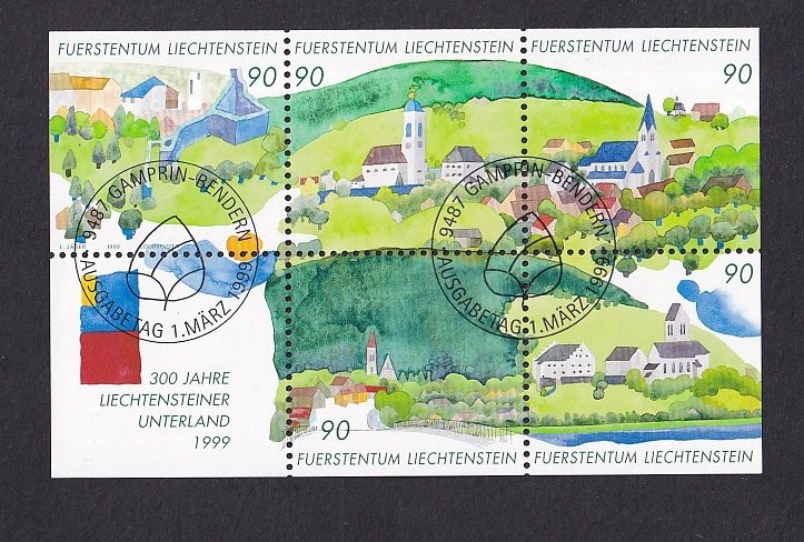 Liechtenstein   #1138  cancelled 1999 sheet with label  scene of villages