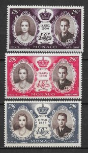 1956 Monaco C46-8 Wedding of Prince Rainier to Grace Kelly MNH C/S of 3