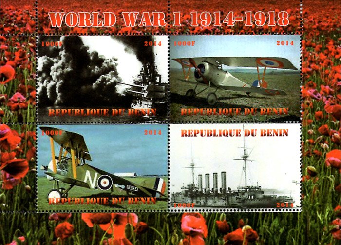 Benin 2014 World War I Bi-plane Ship 4v Mint Souvenir Sheet S/S. (#04)