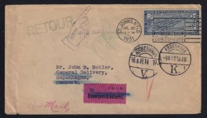 Newfoundland 1931 $1 Airmail Cover St. John's to Denmark & Returned