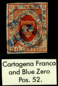 COLOMBIA 1861 ARMS of New GRANADA 20c red Sc# 17 CARTAGENA - FRANCA blue cxl