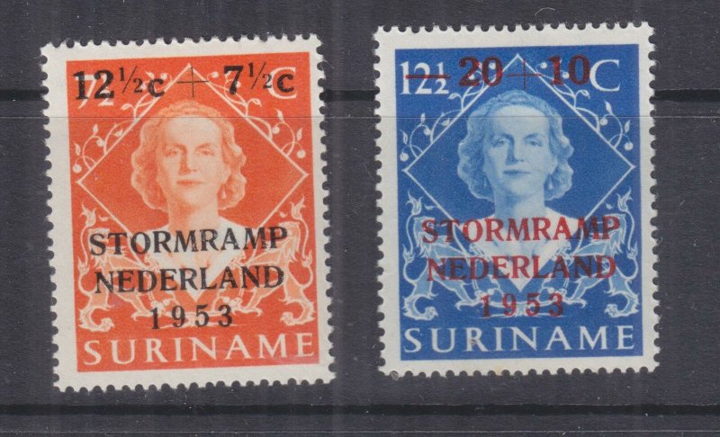 SURINAME, 1953 Netherlands Flood Relief overprint pair, lhm.