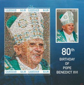 Canouan Stamps 2007 MNH Pope Benedict XVI 80th Birthday Religion People 5v M/S