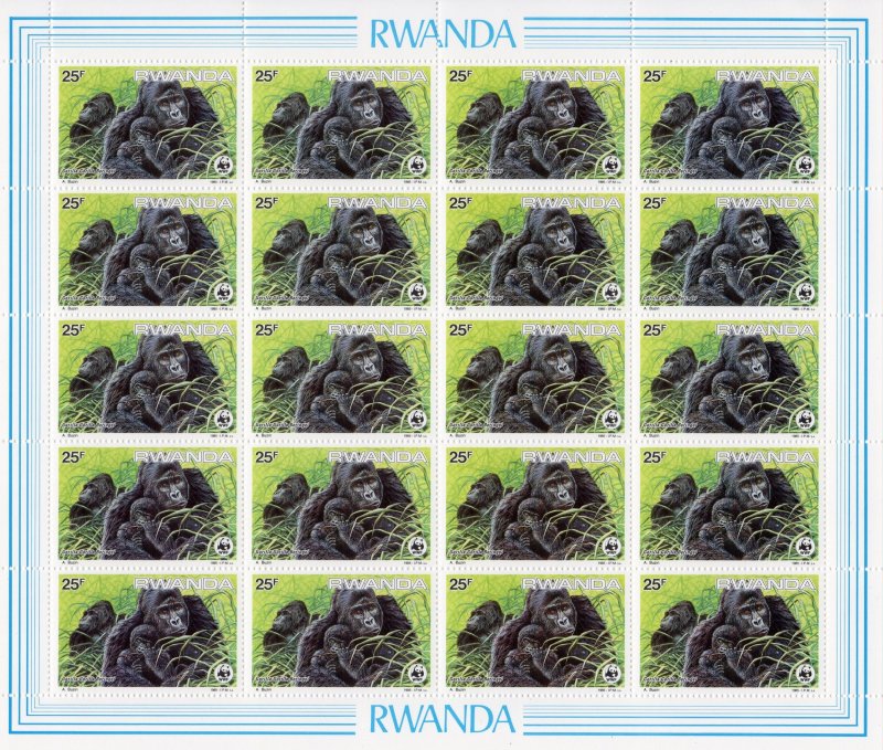 RWANDA 1985 Sc#1208/1211 WWF MOUNTAIN GORILLAS MINI-SHEETLET (20) UNFOLDED MNH