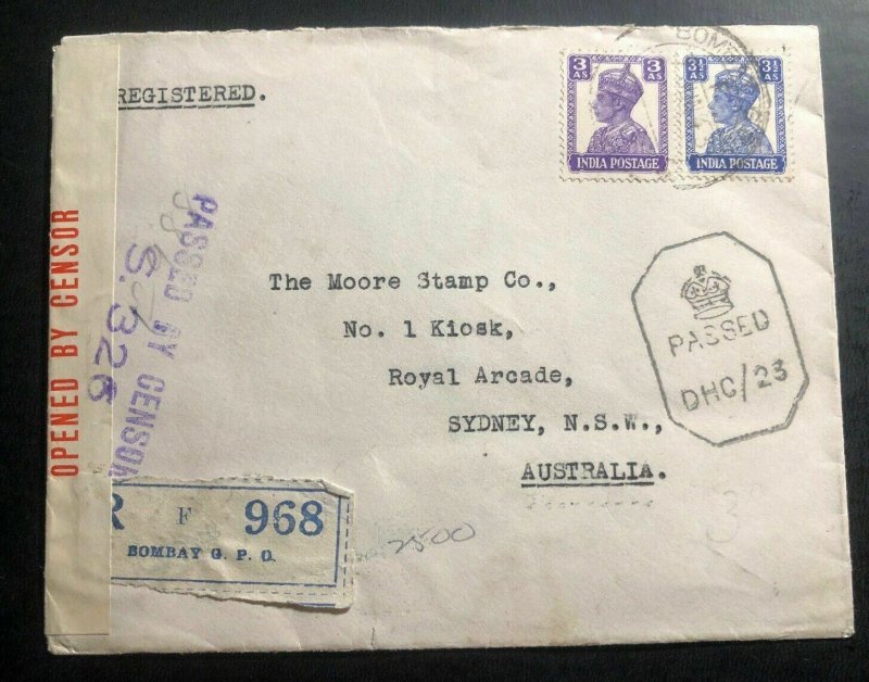 1943 Bombay India Censored Commercial Cover To Sydney Australia