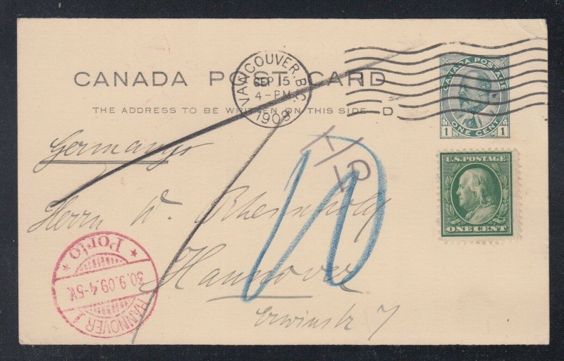 Canada 1909 1c KEVII + 1c USA Postage Due Postal Stationery Card to Germany