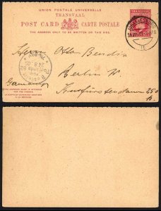 Transvaal 1903 1d+1d stat post and reply card to Germany JOHANNESBURG pmk