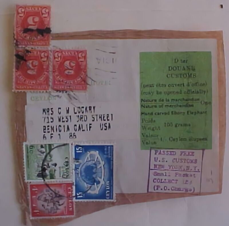 CEYLON USA POSTAGE DUE TIED TO PKG FRONT ONLY