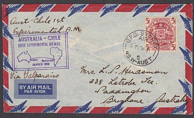 AUSTRALIA 1951 5/- Arms on Experimental first flight cover to Chile........27580