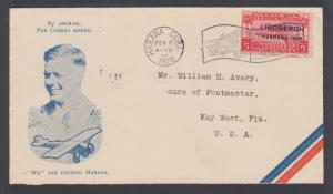 Cuba Sc C2 used. 5c Lindbergh on 1928 cacheted Air Mail envelope HABANA-KEY WEST