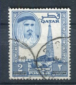 QATAR; 1966 early Sheikh Ali Al Thani RIYAL Surcharged issue fine used 2/2R.