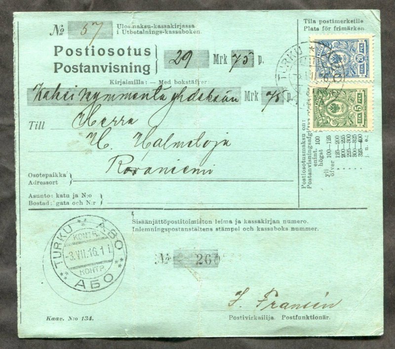 d358 - FINLAND 1916 Parcel Receipt. Turku - Rovaniemi