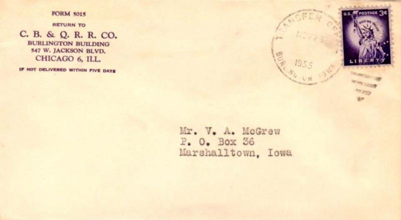 United States U.S. R.P.O.'s Transfer Office, Burlington Iowa 1955 802-A-7  Co...